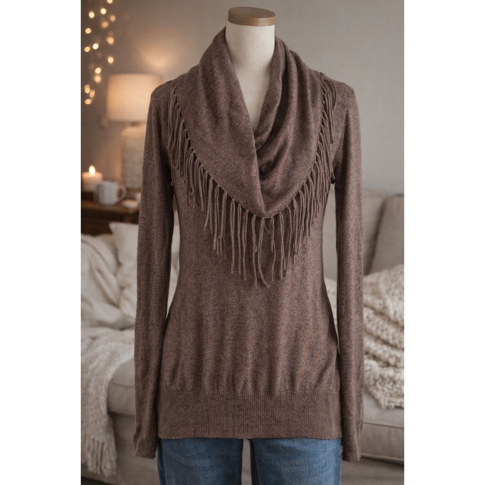 Chelsea & Theodore Fringe Sweater Women M Brown Draped Shawl Collar Knit Top